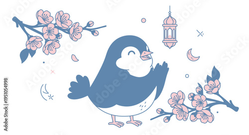 Charming Blue Bird Illustration with Blossoms and Lantern Accent.