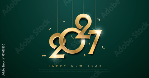 Happy New Year 2027 banner with golden text hanging on dark green background. Vector illustration.