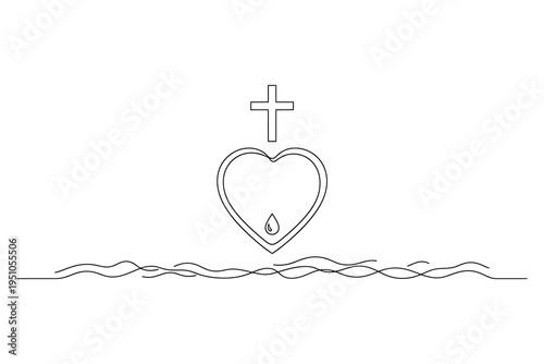 A simple line drawing of a heart with a flame and a cross above it, symbolizing faith and love on a white background with a wavy line.
