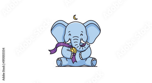 Cute Blue Elephant with Purple Scarf and Crescent Moon.