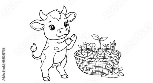 Cute Cow and Seedlings in Basket Coloring Page.