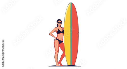 Vector illustration of woman in bikini with surfboard