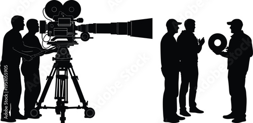 Film Crew Operating Vintage Cinema Camera with Director and Production Team Discussing Scene Silhouette Set Filmmaking Process Isolated on White