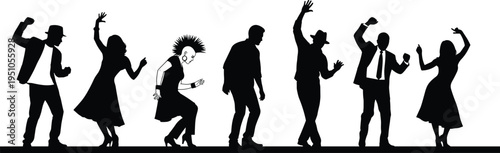Group of People Dancing Silhouette Party Celebration Music Festival Crowd with Different Dance Styles Isolated on White Background