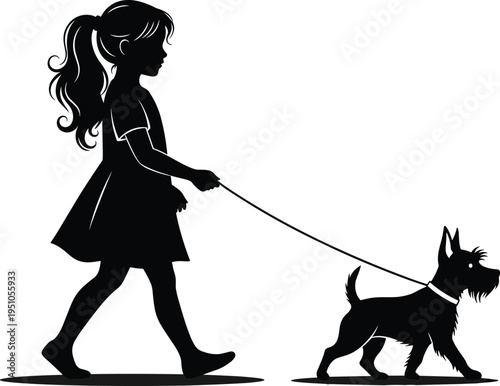 Little girl walking dog silhouette child pet leash outdoor activity friendship animal companion black vector illustration design