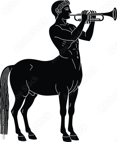 Mythological Centaur Playing Trumpet Silhouette Inspired by Ancient Greek Mythology Half Human Half Horse Musician Isolated on White Background