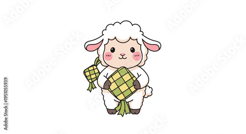 Cute Lamb Holding Ketupat for Eid al-Adha Celebration.