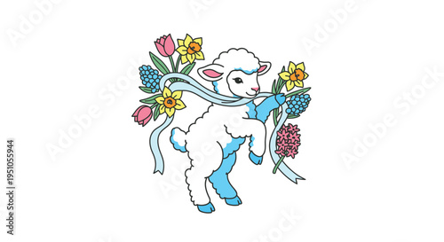 Cute Lamb with Flowers and Ribbon Illustration.