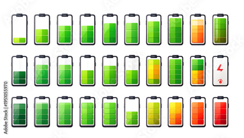 Vector set of smartphone battery status icons showing various charging levels from low to full and error warning symbol for mobile app interface design