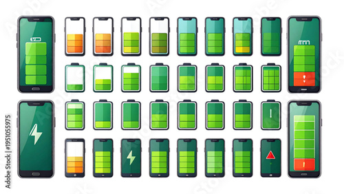 Vector set of smartphone battery status icons showing various charging levels from low to full and error warning symbol for mobile app interface design