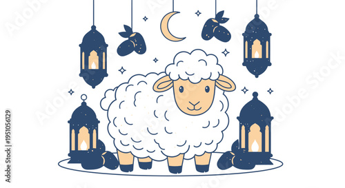 Eid al-Adha Celebration - Cartoon Sheep with Lanterns and Crescent Moon.