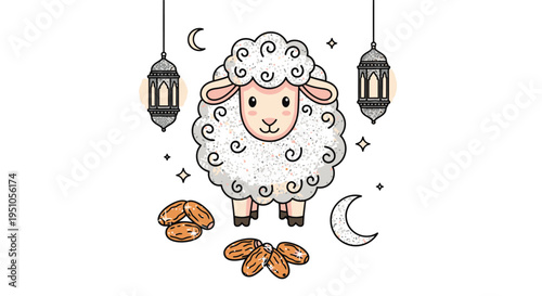 Eid al-Adha Celebration - Sheep, Dates, and Lanterns Illustration.