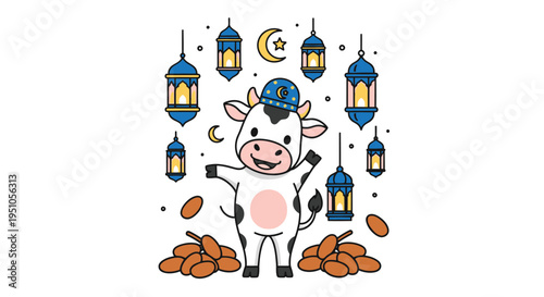 Festive Cow Celebrating Eid al-Adha with Lanterns and Dates.