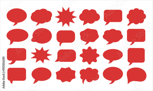 A diverse assortment of red speech bubble and thought balloon shapes arranged on a plain white backdrop