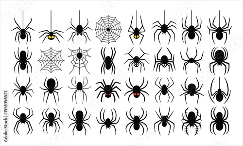 A diverse collection of black spider silhouettes and intricate webs displayed on a clean white background