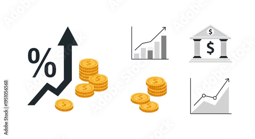 Infographic design featuring icons of rising interest rates, coins, graphs, and a bank, symbolizing economic growth and financial concepts on a clean white background.