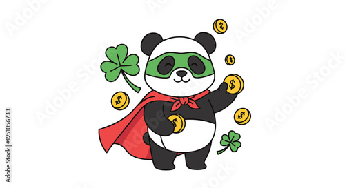 Lucky Panda Superhero with Clovers and Coins Illustration.