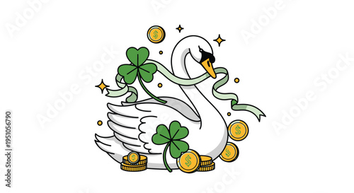 Lucky Swan with Shamrocks and Gold Coins Illustration.