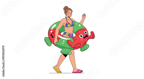 Vector illustration of woman wearing green turtle inflatable swim ring