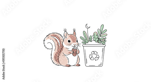 Squirrel with Nut and Recycling Bin Illustration.