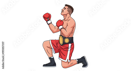 Illustration of a kneeling male boxer in red shorts and gloves on a white background