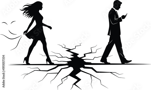 Man and woman walking apart on cracked ground, breakup concept, emotional separation, relationship distance, black and white silhouette vector illustration