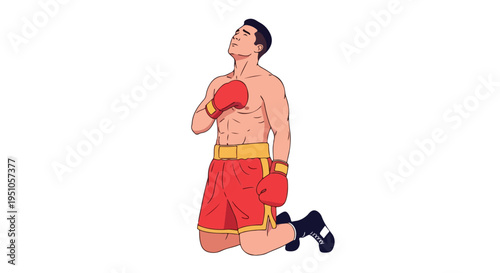Illustration of a kneeling male boxer in red shorts and gloves with a determined look on a plain white background.