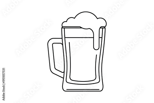A detailed illustration of a frothy beer mug with foamy head, perfect for pub or brewery advertising, showcasing a simple line drawing style.