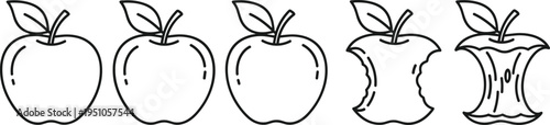 Apple eating stages outline, fruit life cycle line art, whole apple to core sequence, simple coloring illustration