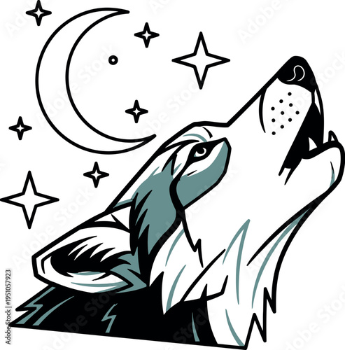 Stylized illustration of a majestic wolf head howling fiercely at the glowing crescent moon and sparkling stars against a clear night sky creating a mystical atmosphere