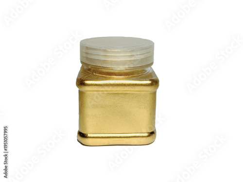 Golden metallic pigment powder in a plastic jar isolated on a white background, gold mica powder for resin art, DIY crafts, and cosmetic glitter.
