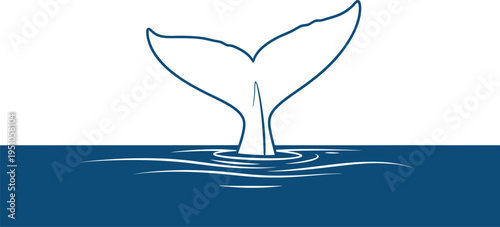 A captivating minimalist line art illustration elegantly depicts a majestic whale tail diving into the deep blue ocean, beautifully symbolizing marine life and vital conservation efforts.