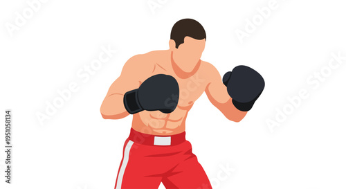 Illustration of a muscular man wearing red boxing shorts and black gloves in a fighting stance against a plain white background with bold lines and vibrant colors.