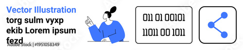 Technology, networking, communication, information sharing, coding, user interface. A woman pointing, binary code text and a sharing icon. Technology and networking concept