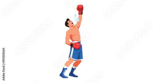 Illustration of a shirtless male boxer in blue shorts and gloves jumping with one arm raised in a dynamic motion against a plain white background.
