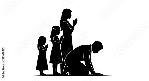 family praying together in silhouette