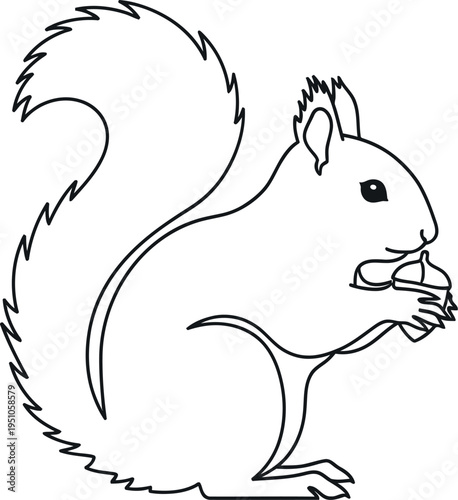 A charming minimalist black line drawing depicts a cute squirrel sitting upright while holding and eating a small acorn, perfect for children's coloring books or simple nature designs.