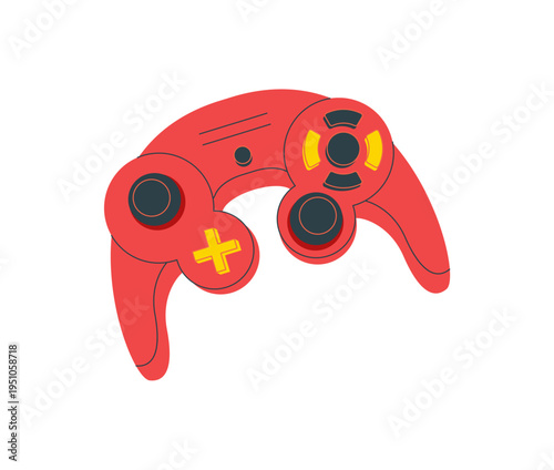 Red retro cartoon videogame joystick patch in playful style. Classic controller and gamepad joy stick for console, gadget, and game themes. Iconic video device, vintage patch for entertainment