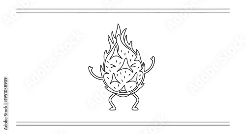 Happy Dragon Fruit Character Dancing with Joy, Outline Illustration