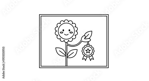 Happy Flower Character Holding a Reward Ribbon Medal, Cute Coloring Page Vector
