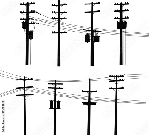 Electric utility poles silhouettes with power lines and transformers, electrical distribution infrastructure set, energy transmission network vector illustration isolated on white background