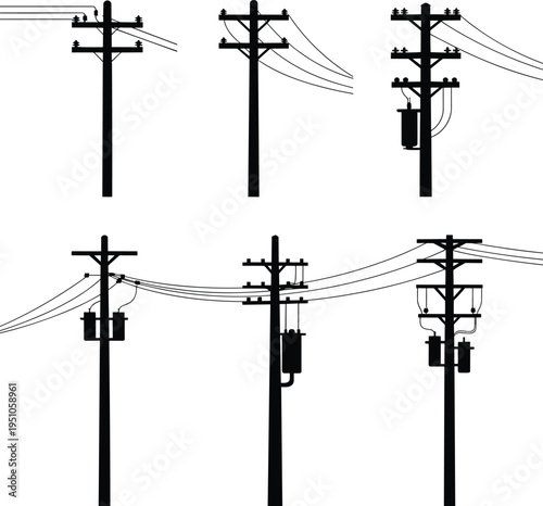 Electric utility poles with power lines and transformers silhouette vector set, electricity distribution infrastructure collection isolated on white background
