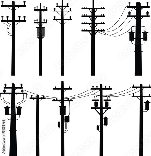 Electric utility poles and power line structures silhouette set, telephone poles with transformers and cables, electricity distribution infrastructure vector illustration collection