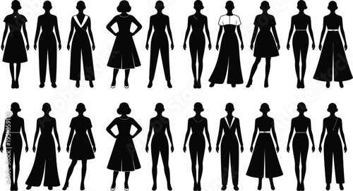 Female fashion silhouette set, women body outlines in varied poses, dress and jumpsuit shapes, mannequin figure templates, editable vector collection for apparel design