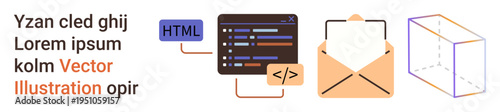 Digital marketing, coding interfaces, web design concepts, communication tools, email services, software development. Coding panel, email icon and 3D cube. Digital marketing and coding interfaces