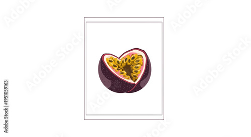 Heart-shaped passion fruit cut in half, revealing juicy pulp and seeds, isolated on white