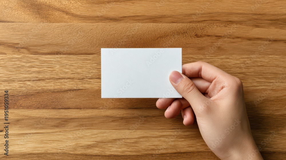 Obraz premium Blank card held in a gentle hand on wooden table