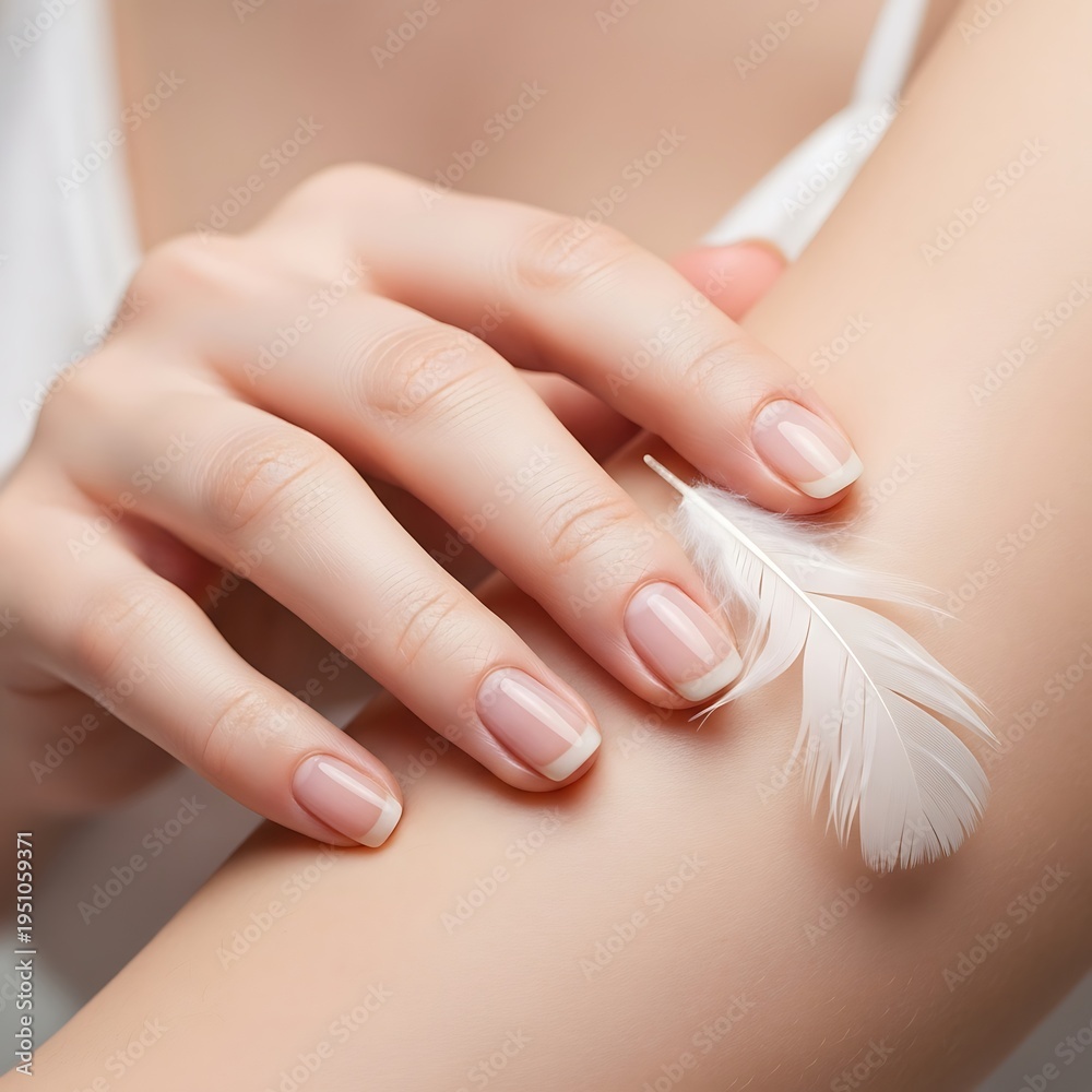 Naklejka premium Delicate white feather gently touches smooth skin near manicured fingertips