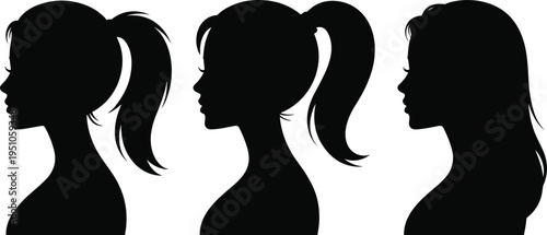 Female profile silhouette set with different hairstyles vector illustration, woman head side view icons, beauty fashion hairstyle collection, female avatar design isolated