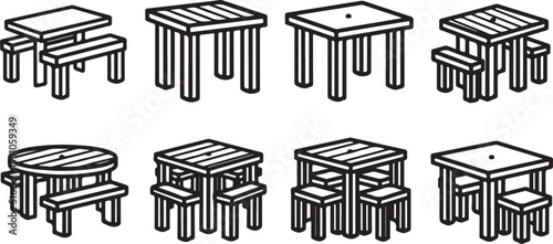 A variety of picnic tables and benches for outdoor seating arrangements Vector